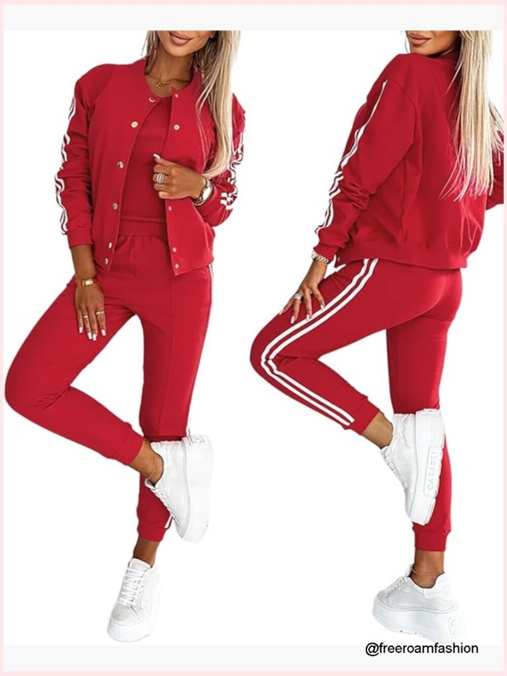 Striped Tape Patch Tank Bomber Jacket Sporty Pants Tracksuit Lounge Set 3-Piece